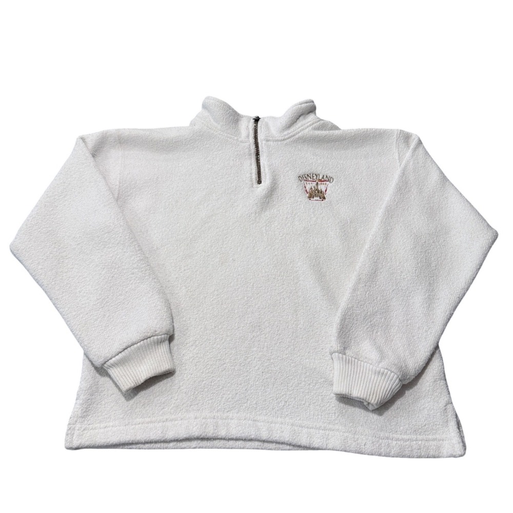 Vintage Disneyland Quarter Zip Fleece Pullover Cream Large Embroidered Castle